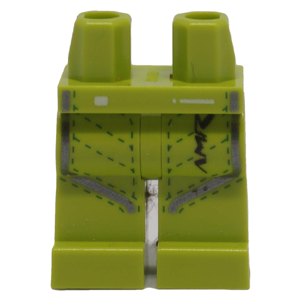 Lime LEGO® minifigure racing suit hips and legs with silver stripes and dark green stitching, front view