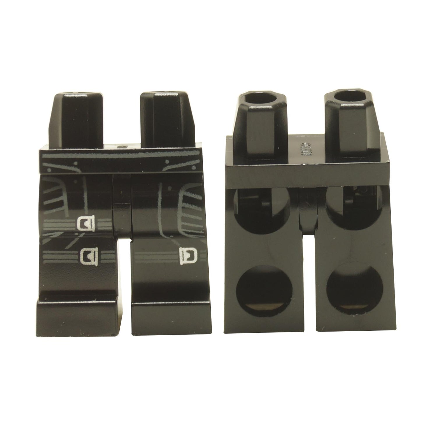 LEGO hips and legs minifigure parts with side panels and buckle straps in black color.
