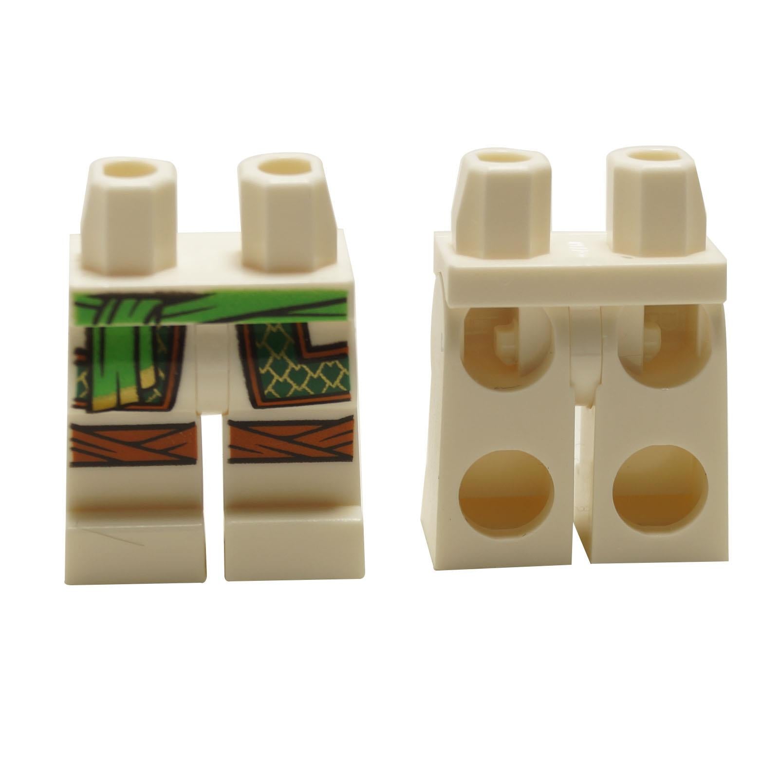 LEGO® minifigure hips and legs 970c00pb1599 with green sash and gold fishnet pattern printing on the legs
