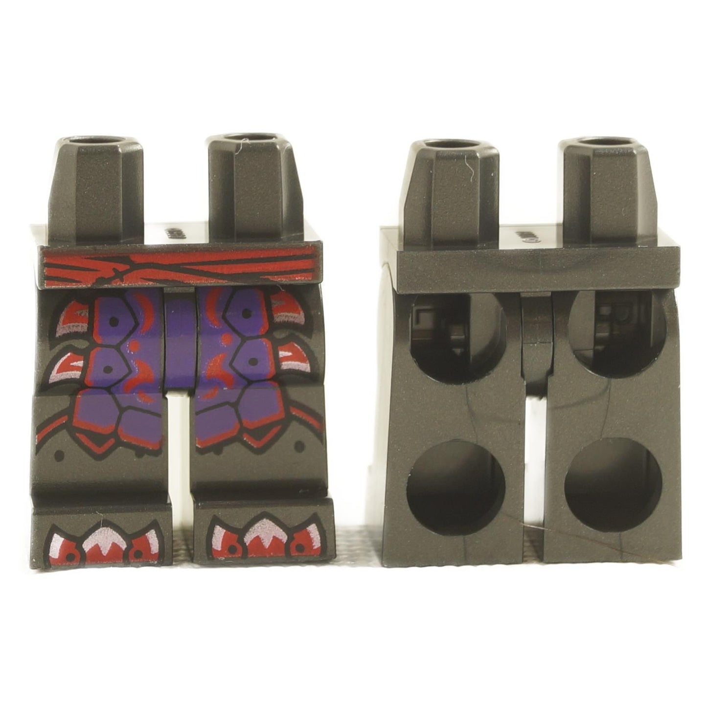 LEGO minifigure parts showing dark gray legs with armor patterns, a dark purple loincloth, red belt, and metallic pink blade details.