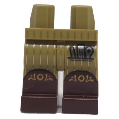 LEGO® olive green minifigure legs with dark brown boots, gold pinstripes and printed tool pocket, front view