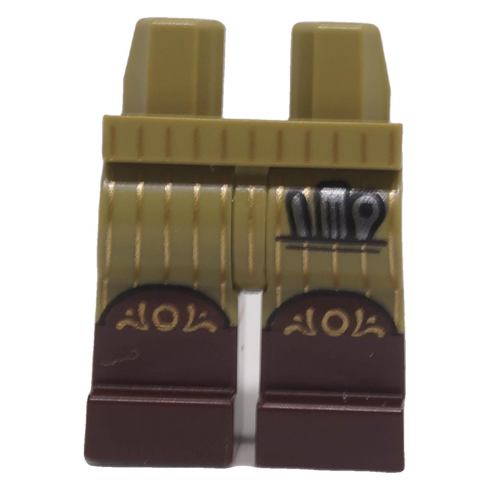 LEGO® olive green minifigure legs with dark brown boots, gold pinstripes and printed tool pocket, front view