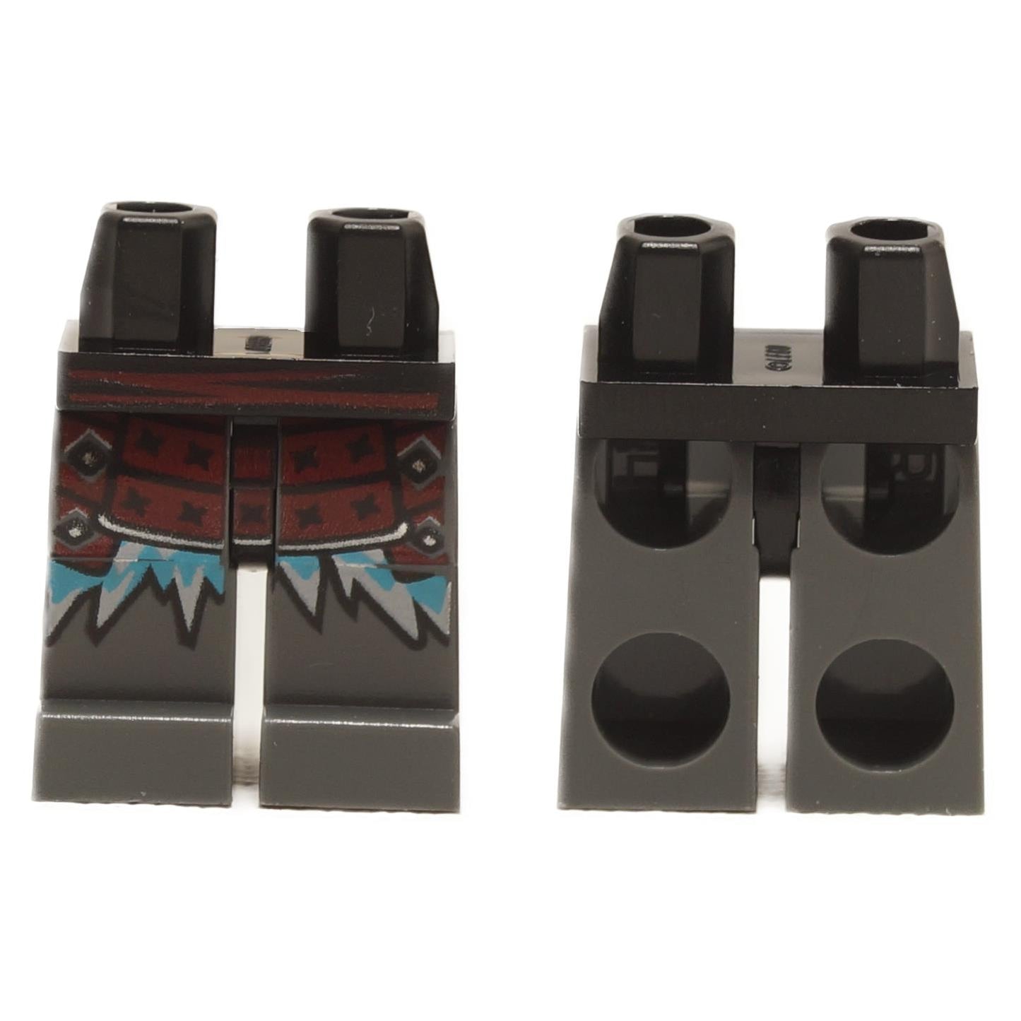 A set of LEGO minifigure legs with dark red armor and blue ice spike details on dark bluish gray background.