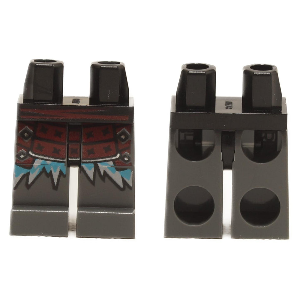 A set of LEGO minifigure legs with dark red armor and blue ice spike details on dark bluish gray background.