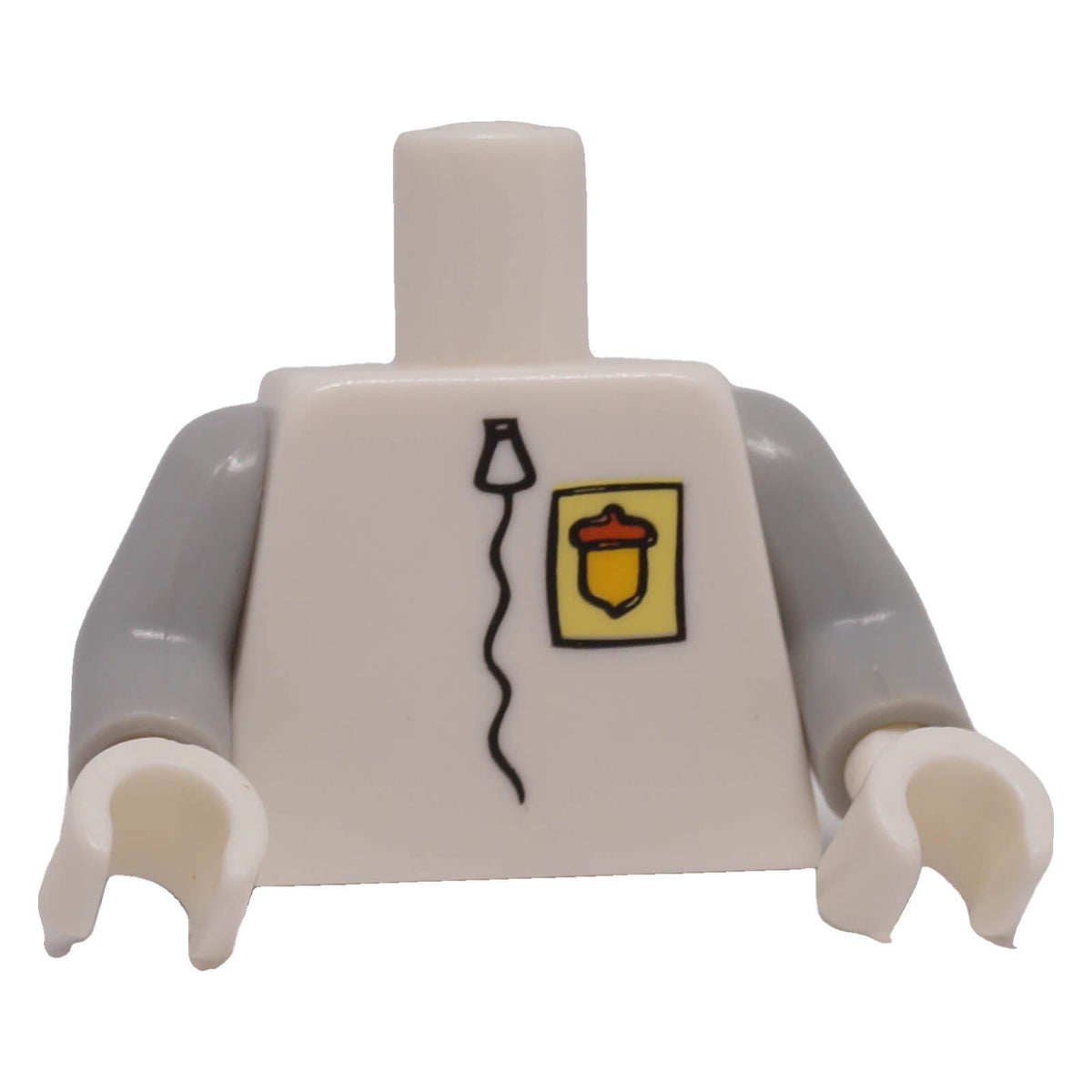 LEGO® SpongeBob white minifigure torso with yellow acorn badge, light bluish gray arms and white hands
