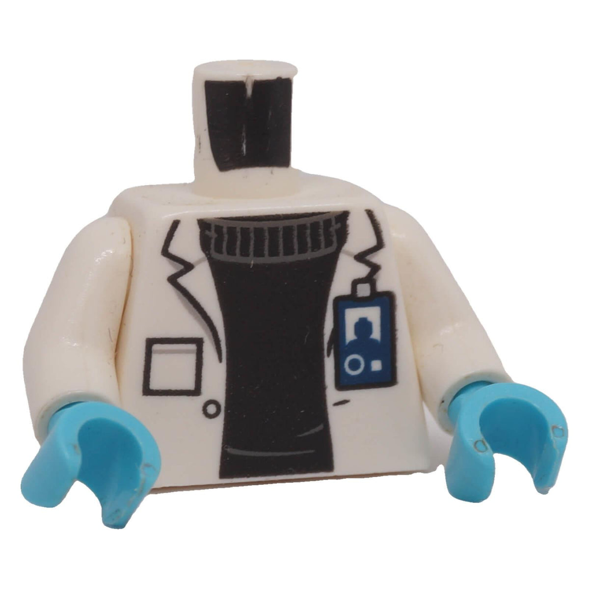 LEGO® Jurassic World lab coat torso 973pb2074c01 front with ID badge and black sweater