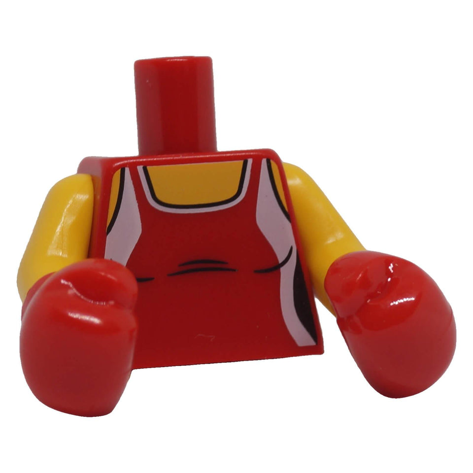LEGO® red minifigure torso 973pb2394c01 with tank top print, yellow arms and red glove elements, front angled view