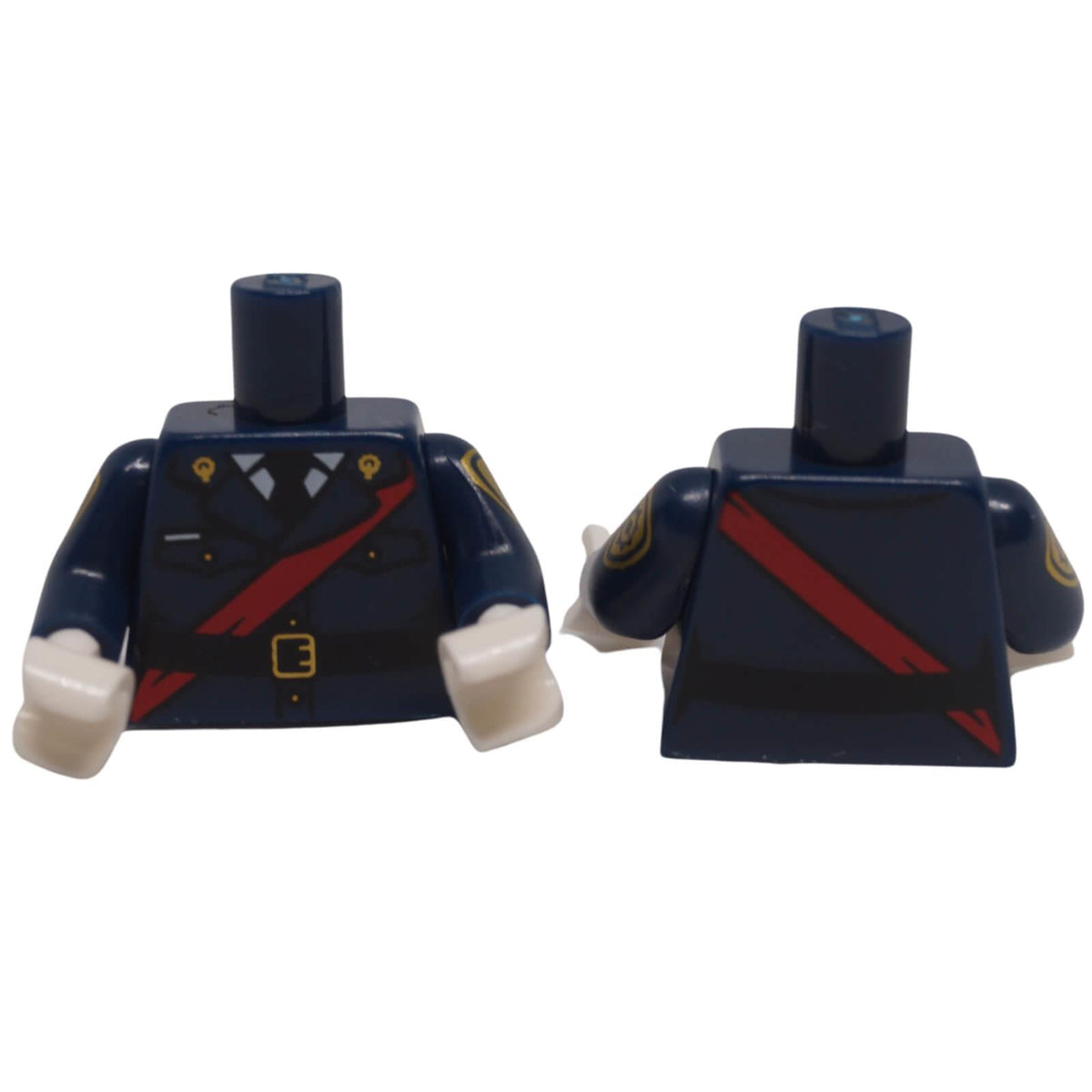 LEGO® dark blue police torso 973pb2567c01 with black tie, red sash and gold details, front and back views