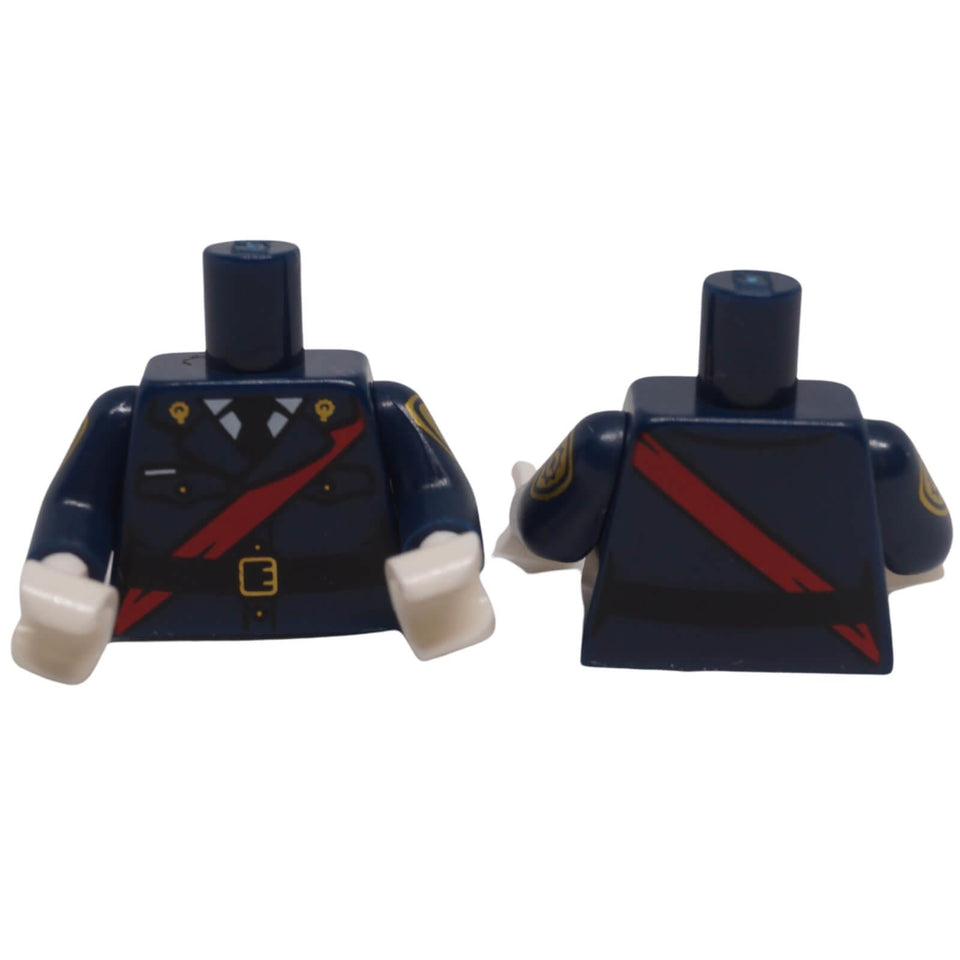LEGO® dark blue police torso 973pb2567c01 with black tie, red sash and gold details, front and back views