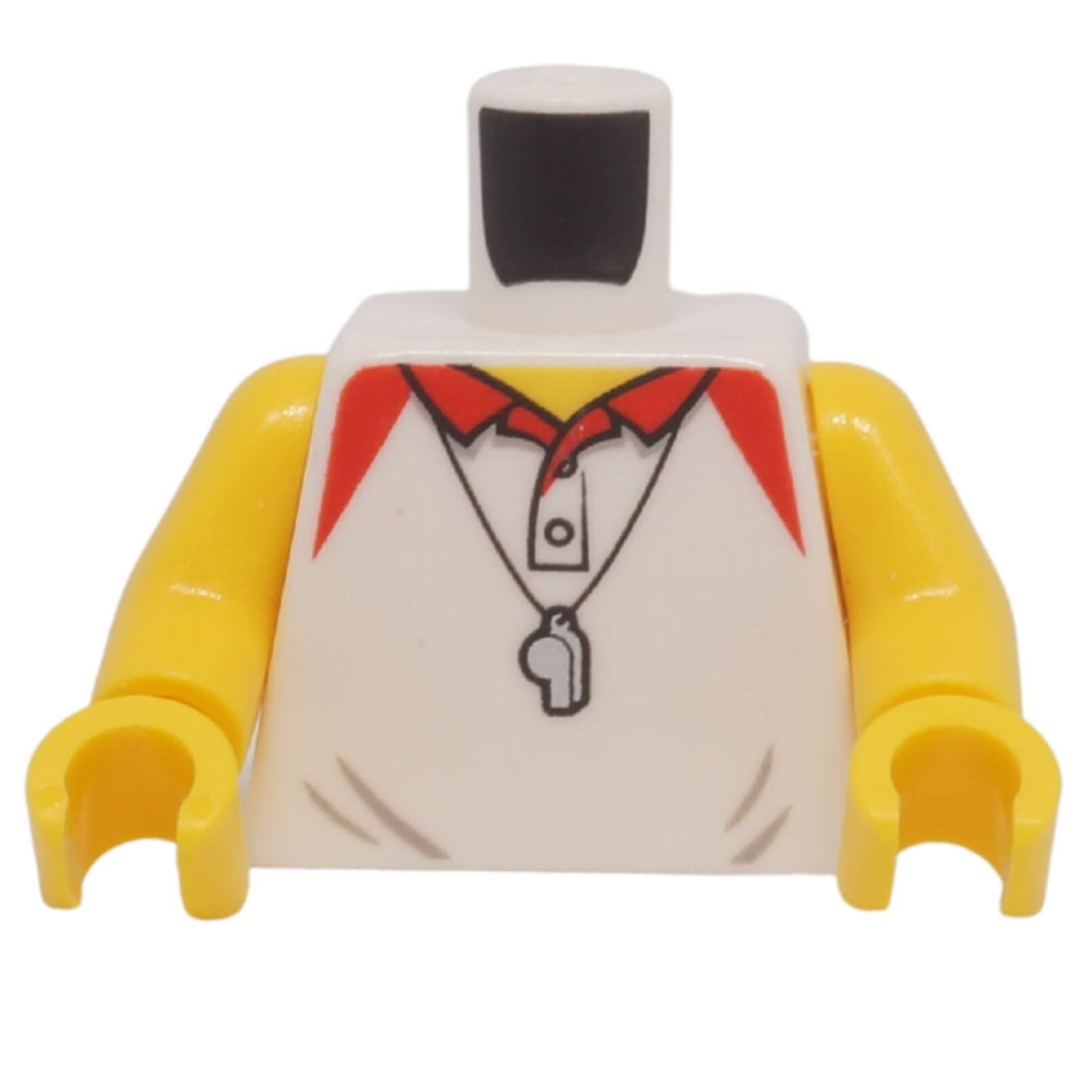 Front view of LEGO® lifeguard torso with red polo collar, yellow arms and printed whistle