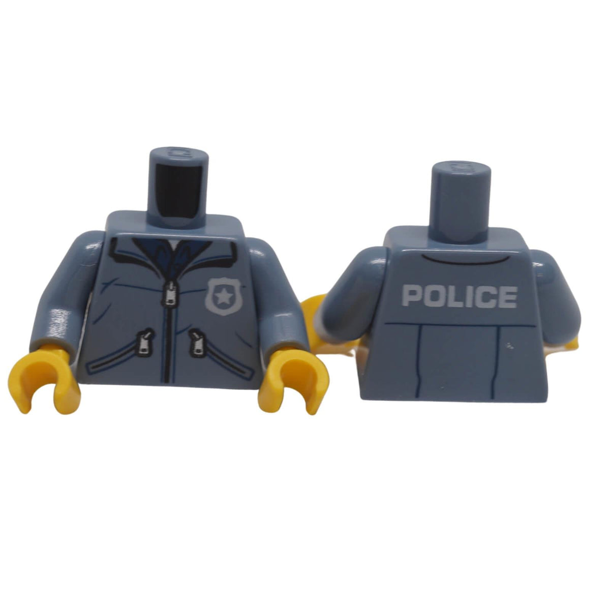LEGO® sand blue police jacket torso 973pb2915c01 showing zipper and badge front print with POLICE print on back
