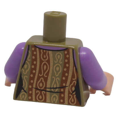 Back view of LEGO® female blouse torso with ornate gold pattern and purple arms