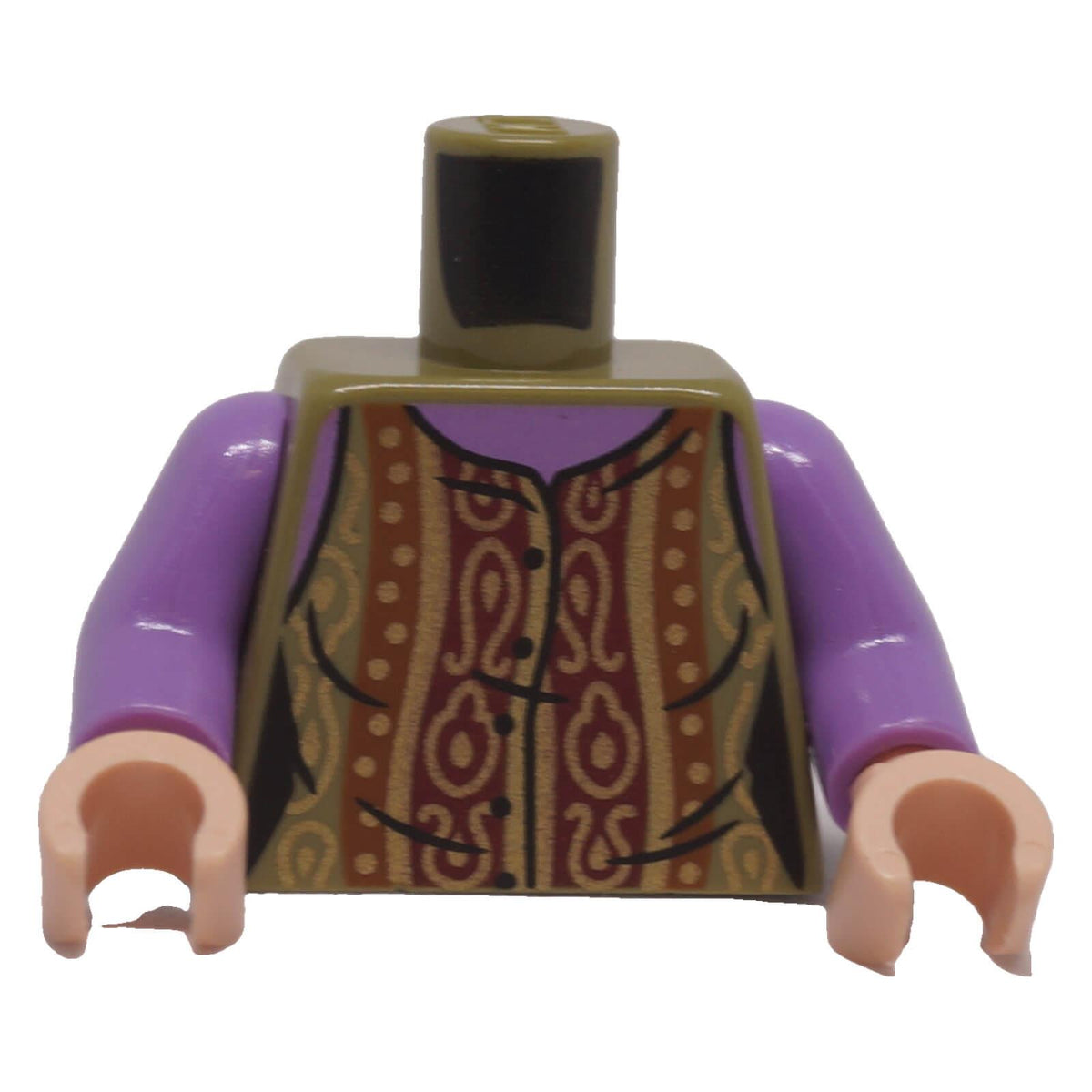Front view of LEGO® female blouse torso with ornate gold and dark red pattern and purple arms