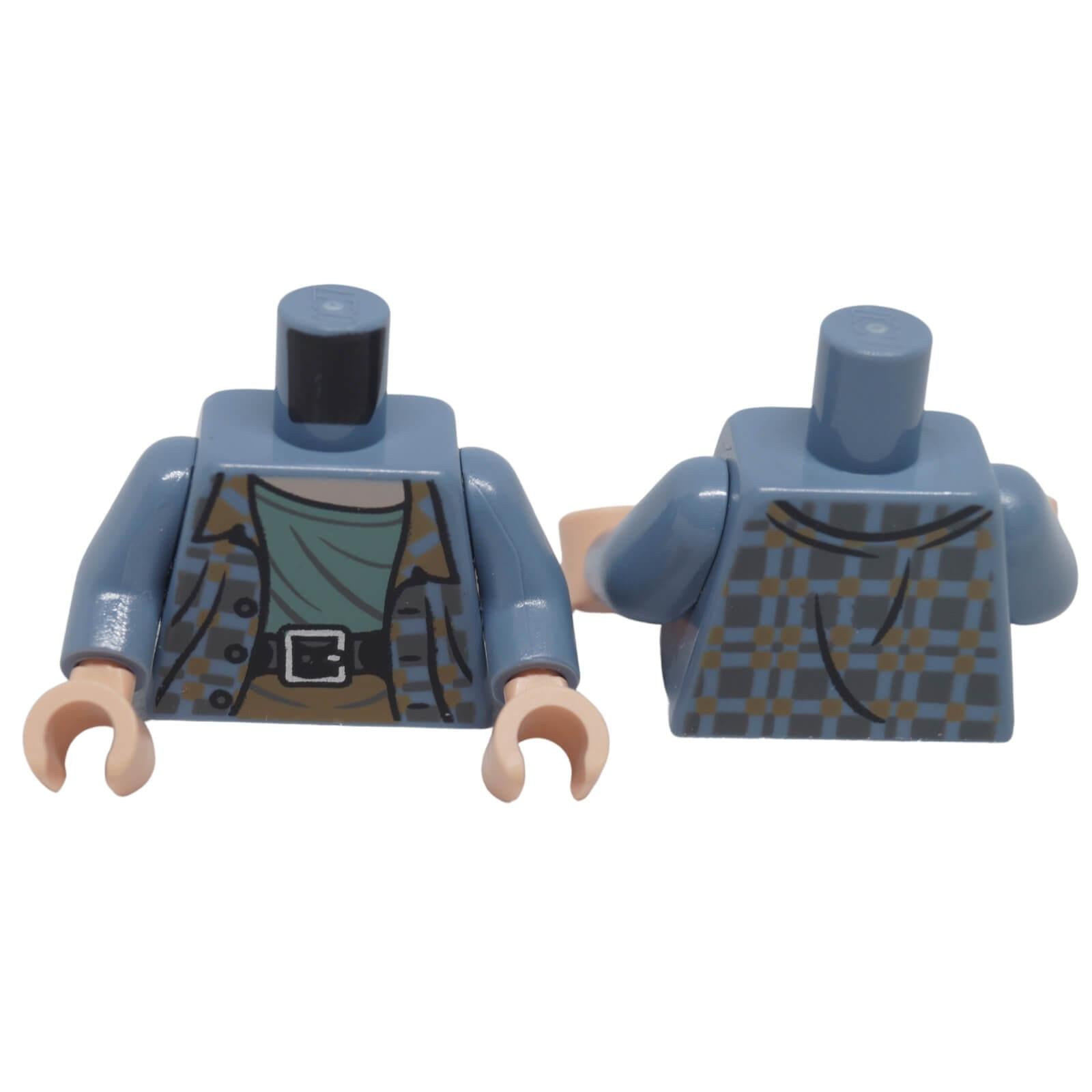 LEGO minifigure torso 973pb4033c01 with plaid jacket, Sand Green shirt and belt shown front and back
