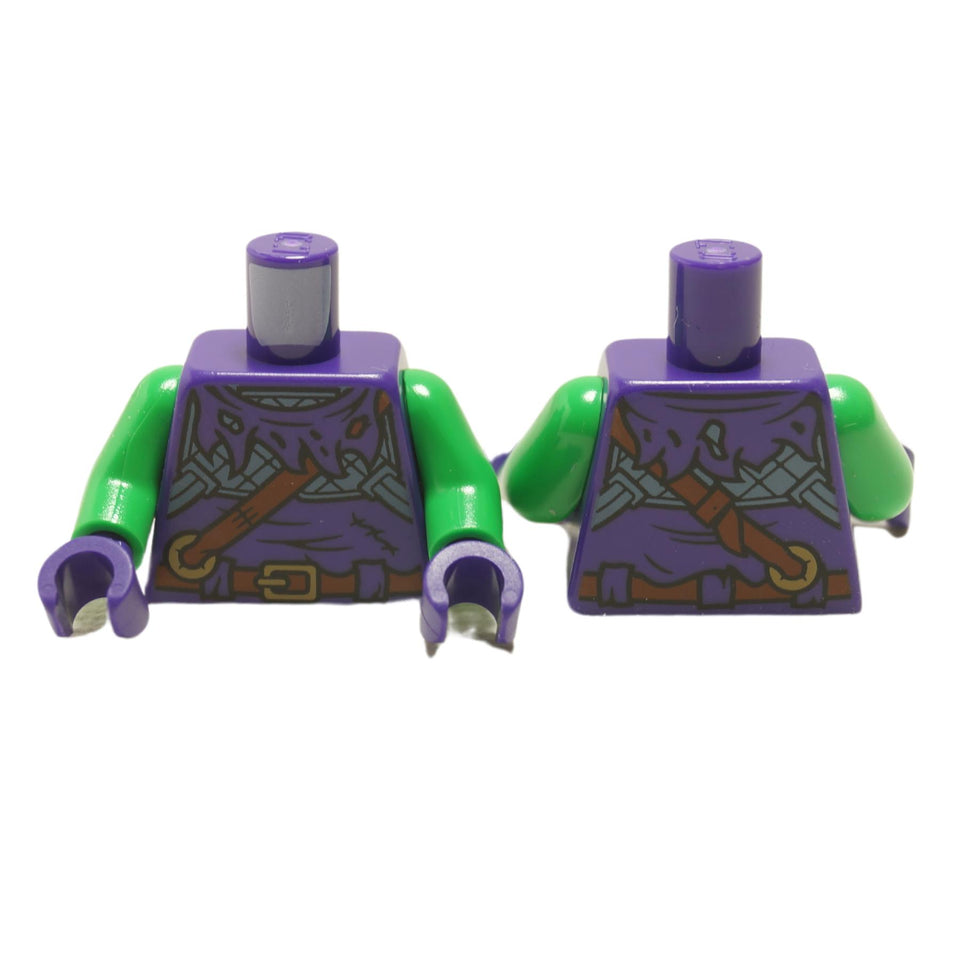 LEGO minifigure torso with torn purple cloth, a brown strap, green arms, and purple hands
