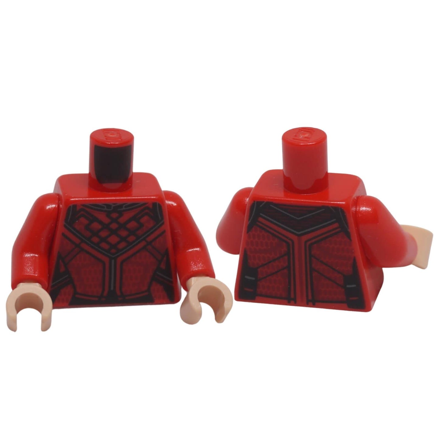 LEGO minifigure torso 973pb4256c01 with ornate black ribbing and Dark Red trim shown front and back

