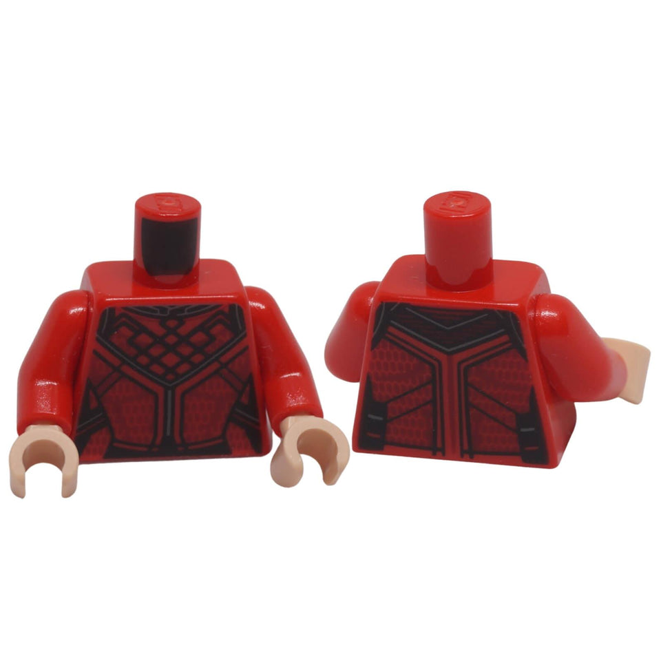 LEGO minifigure torso 973pb4256c01 with ornate black ribbing and Dark Red trim shown front and back
