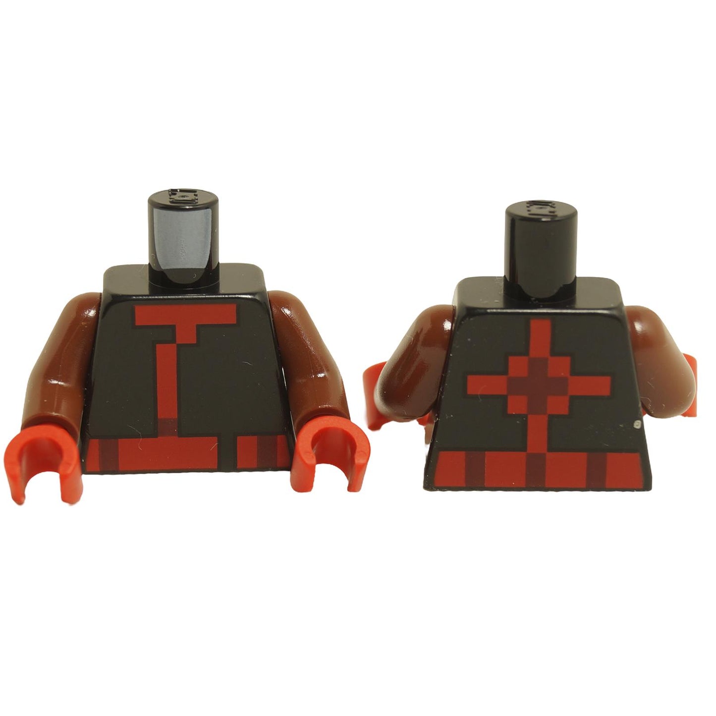 LEGO minifigure torso with a pixelated ninja tunic design in black and red, including dark brown arms with red hands.