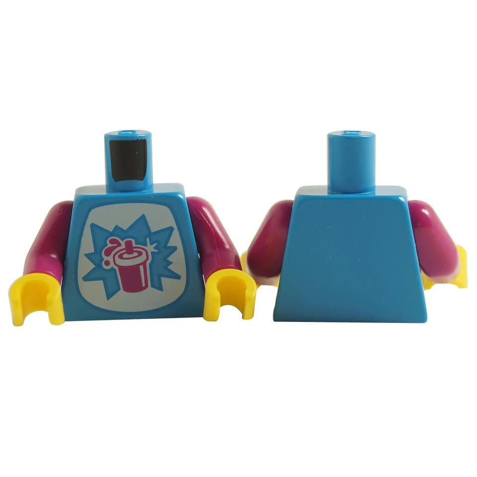 Minifigure torso 973pb4979c01 with colorful slushie cup logo print and casual outfit detailing