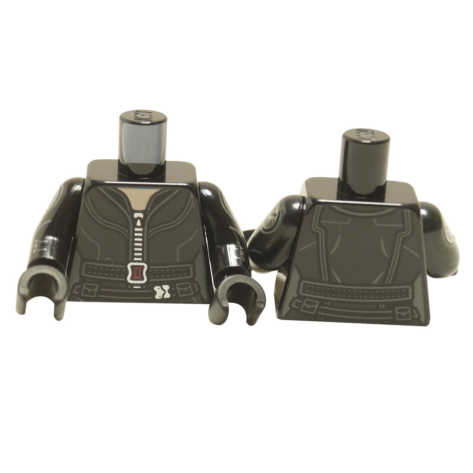 LEGO minifigure torso with black tactical suit, silver zipper, and SHIELD emblem; includes black arms and hands.