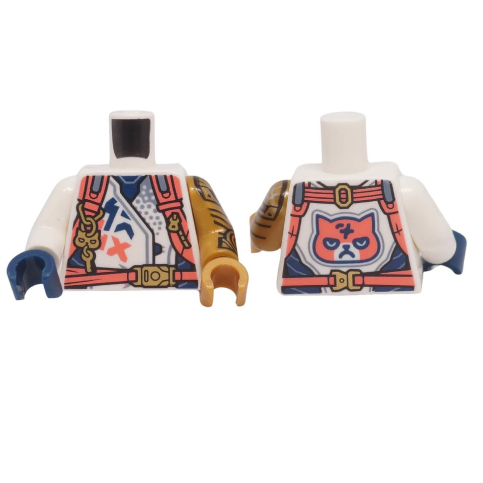 LEGO® racing jacket torso with coral harness straps and grumpy cat emblem, front and back