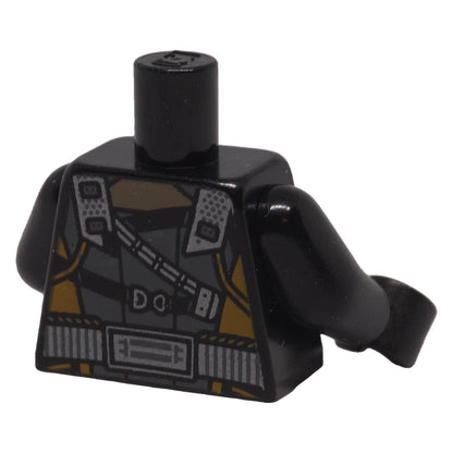 LEGO® black sci-fi tactical armor torso with silver shoulder straps and equipment printing, back view