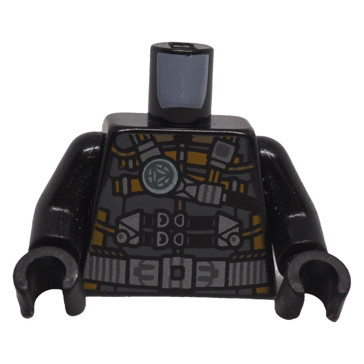 LEGO® black sci-fi tactical armor torso with metallic silver equipment and light blue chest detail, front view