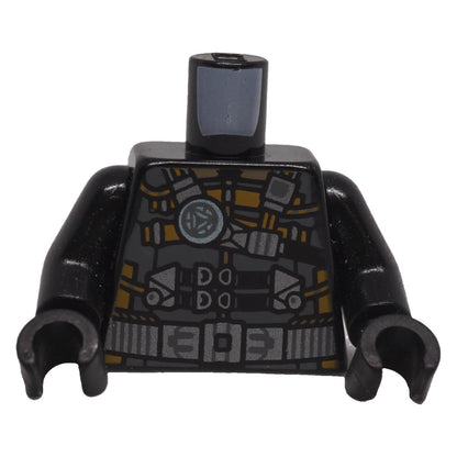 LEGO® black sci-fi tactical armor torso with metallic silver equipment and light blue chest detail, front view