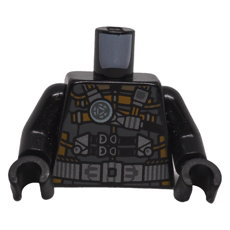 LEGO® black sci-fi tactical armor torso with metallic silver equipment and light blue chest detail, front view
