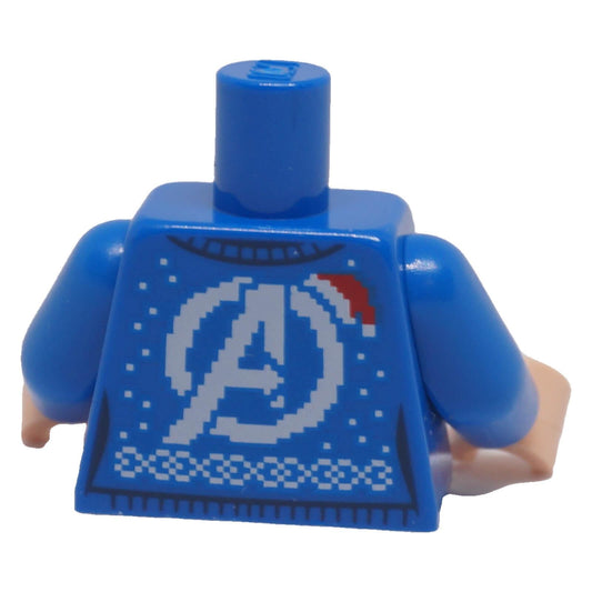 LEGO® blue Avengers holiday sweater torso with white Avengers logo and red Santa hat, back view