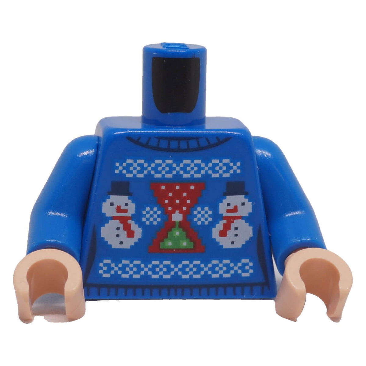 LEGO® blue Avengers holiday sweater torso with snowmen and Christmas tree pattern, front view