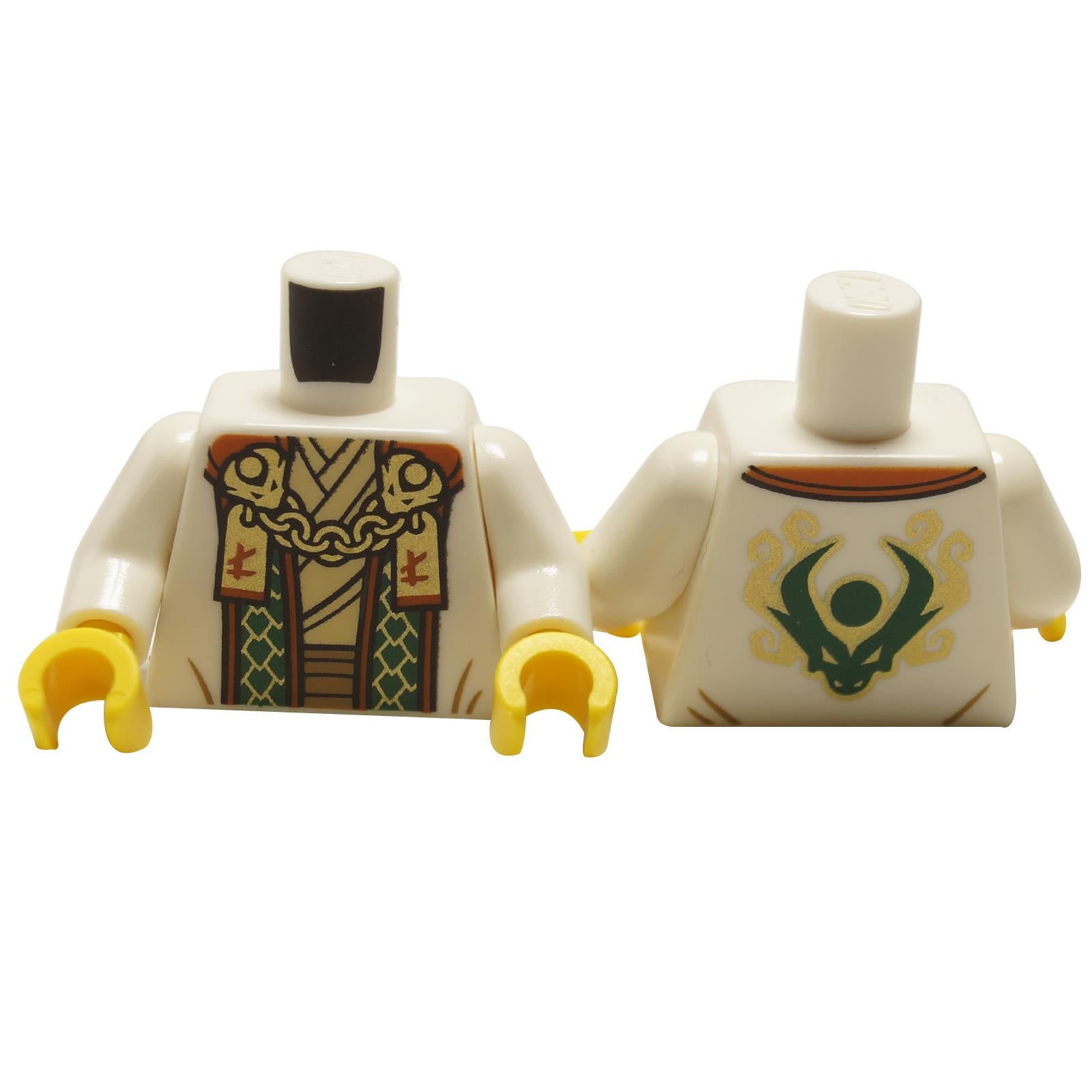 LEGO minifigure torso with ornate robe featuring green and gold detailing, chain patterns, and a green and gold emblem on the back. The image also shows a plain white torso for comparison.