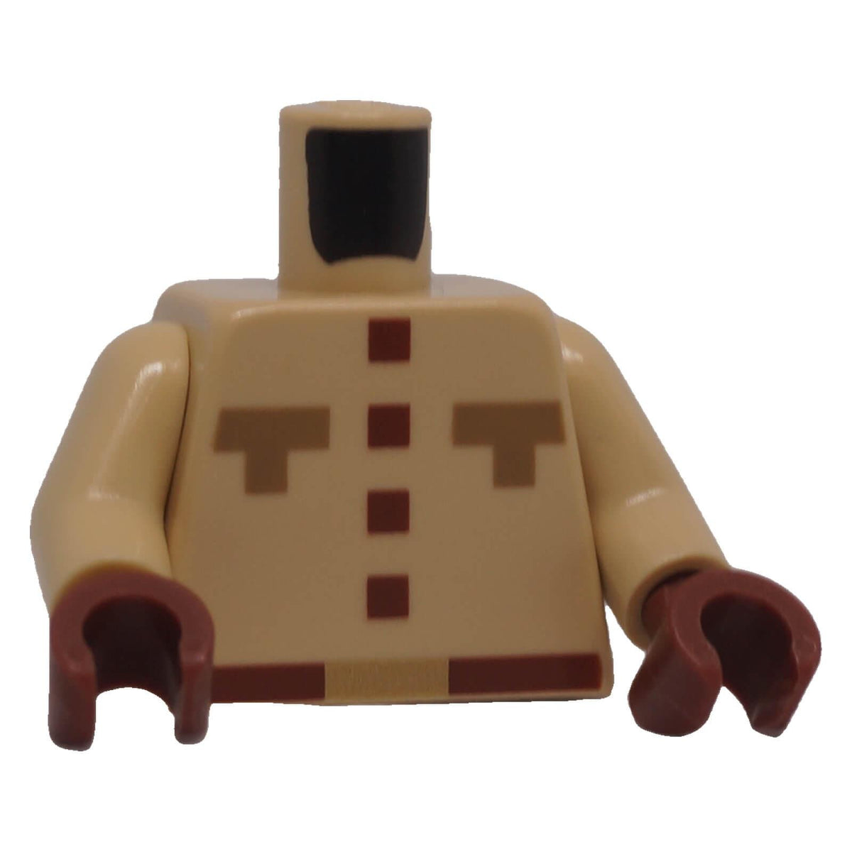 LEGO® Minecraft pixelated shirt torso with reddish brown buttons, dark tan pockets and belt, front view