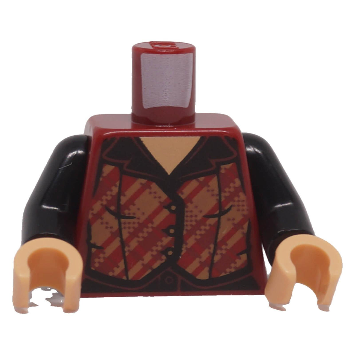 LEGO® female dark red torso with dark tan and red plaid flannel vest pattern, front view