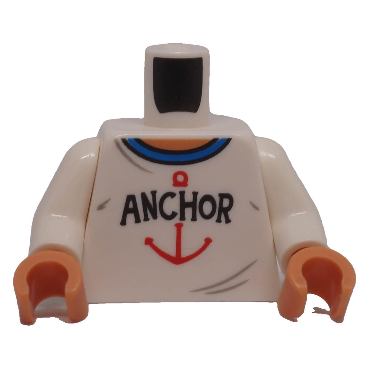 LEGO® white minifigure torso with blue collar, ANCHOR lettering and red anchor graphic, front view