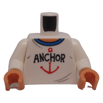 LEGO® white minifigure torso with blue collar, ANCHOR lettering and red anchor graphic, front view
