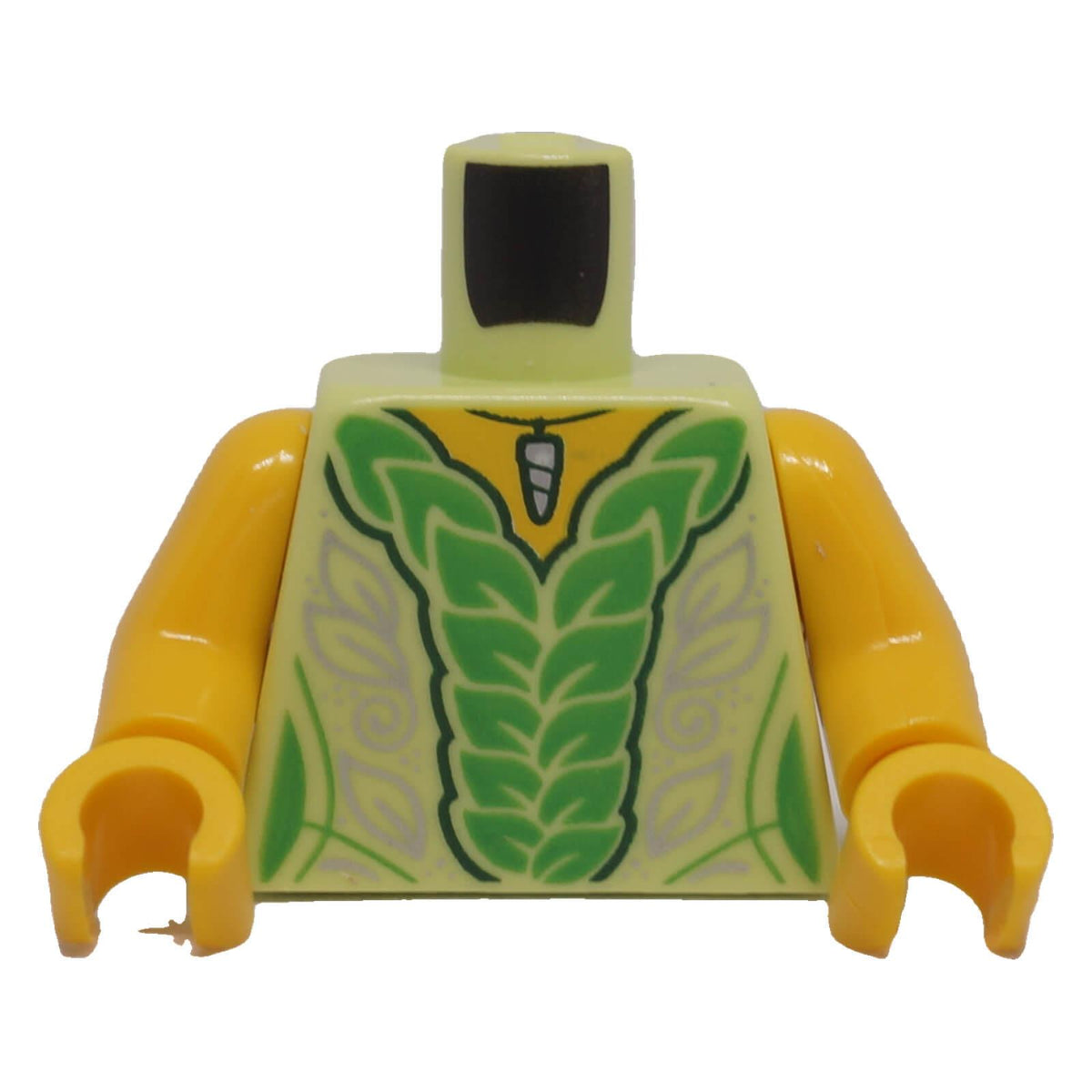 LEGO® female minifigure torso front with bright green leaves, silver filigree and pendant print