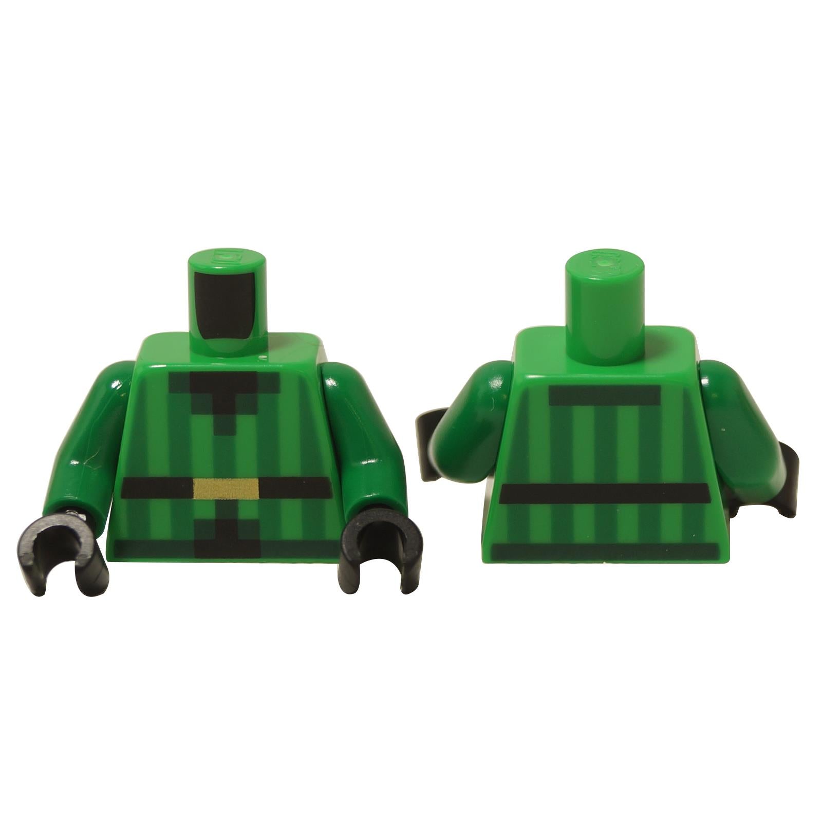 Minifigure torso with pixelated vest print and vertical green stripe pattern on front