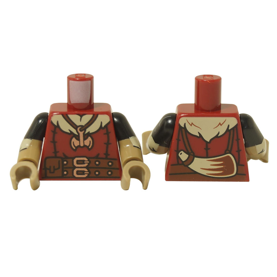 LEGO® minifigure torso with dark red coat, fur trim, and axe necklace print, detailed upper body piece