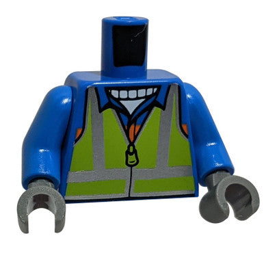 LEGO blue torso with safety vest, blue arms and gray hands, front view