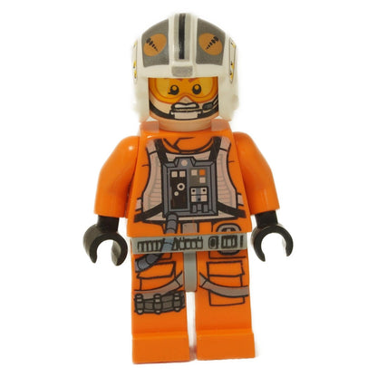 LEGO® Star Wars Rebel Pilot Minifigure - Orange flight suit with chest controls, white helmet with gray and orange markings, yellow visor, and black gloves. Back profile view.