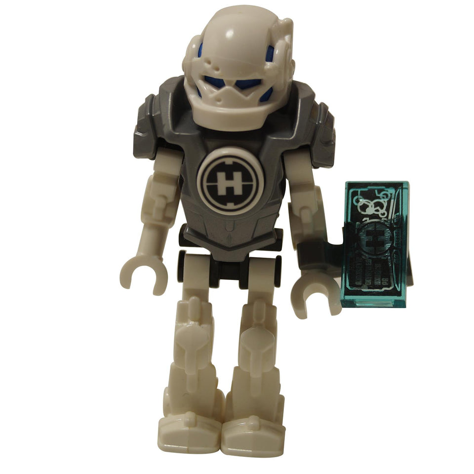 LEGO® Hero Factory Mini – Stormer with Datapad (hf002) front view, featuring white armor, dark gray chest plate with Hero Factory emblem, and blue translucent datapad accessory. Displayed on a white background.  
