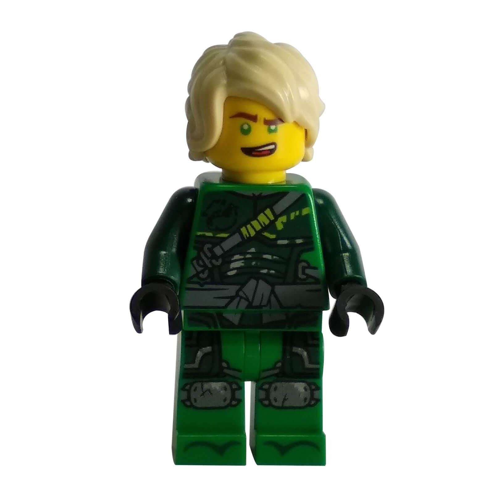 LEGO® NINJAGO Lloyd minifigure njo474 from the Hunted edition, wearing detailed green ninja armor with dark green arms and blonde hair.