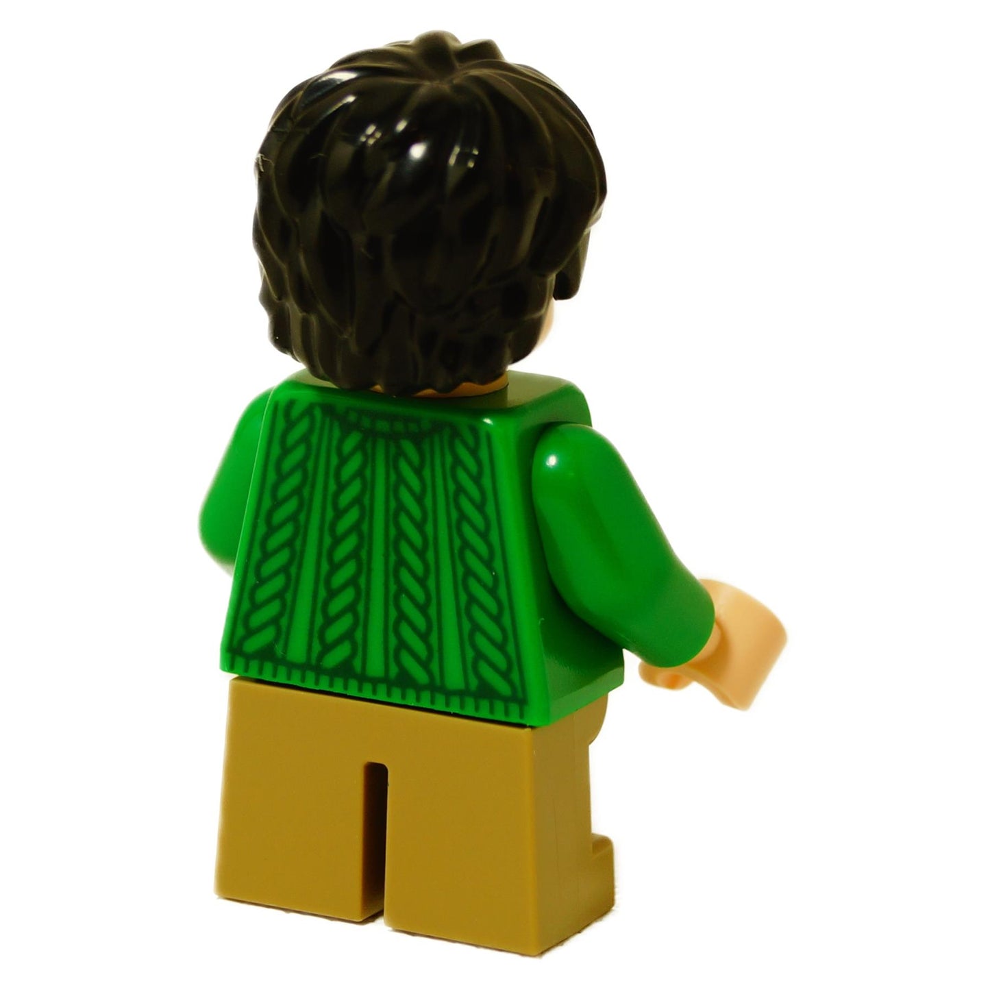 Back view of LEGO Harry Potter minifigure showing the detailed green cable-knit sweater printing on the torso.