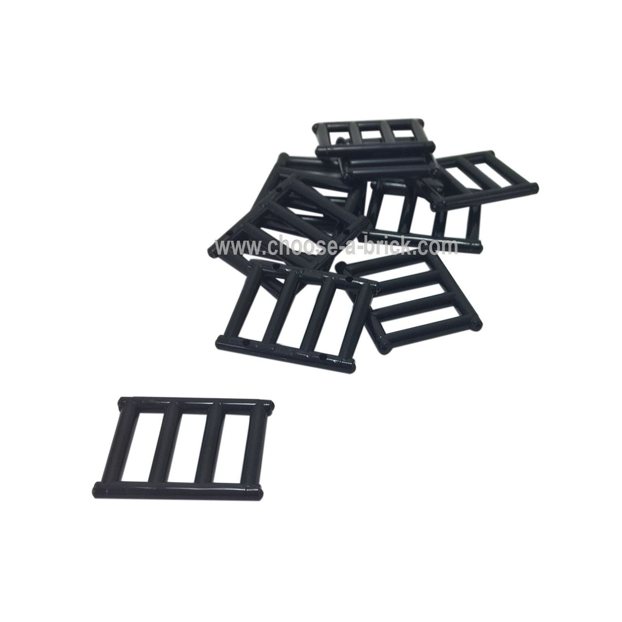 Black LEGO Bar 1 x 4 x 3 Grille pieces, pile with single piece in front.