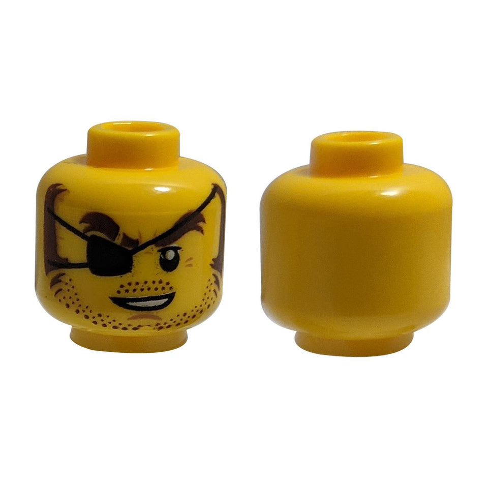  Żółty LEGO® głowa minifigurki z czarną opaską na oku, brązowymi brwiami, bokobrodami, zarostem i otwartymi białymi ustami.