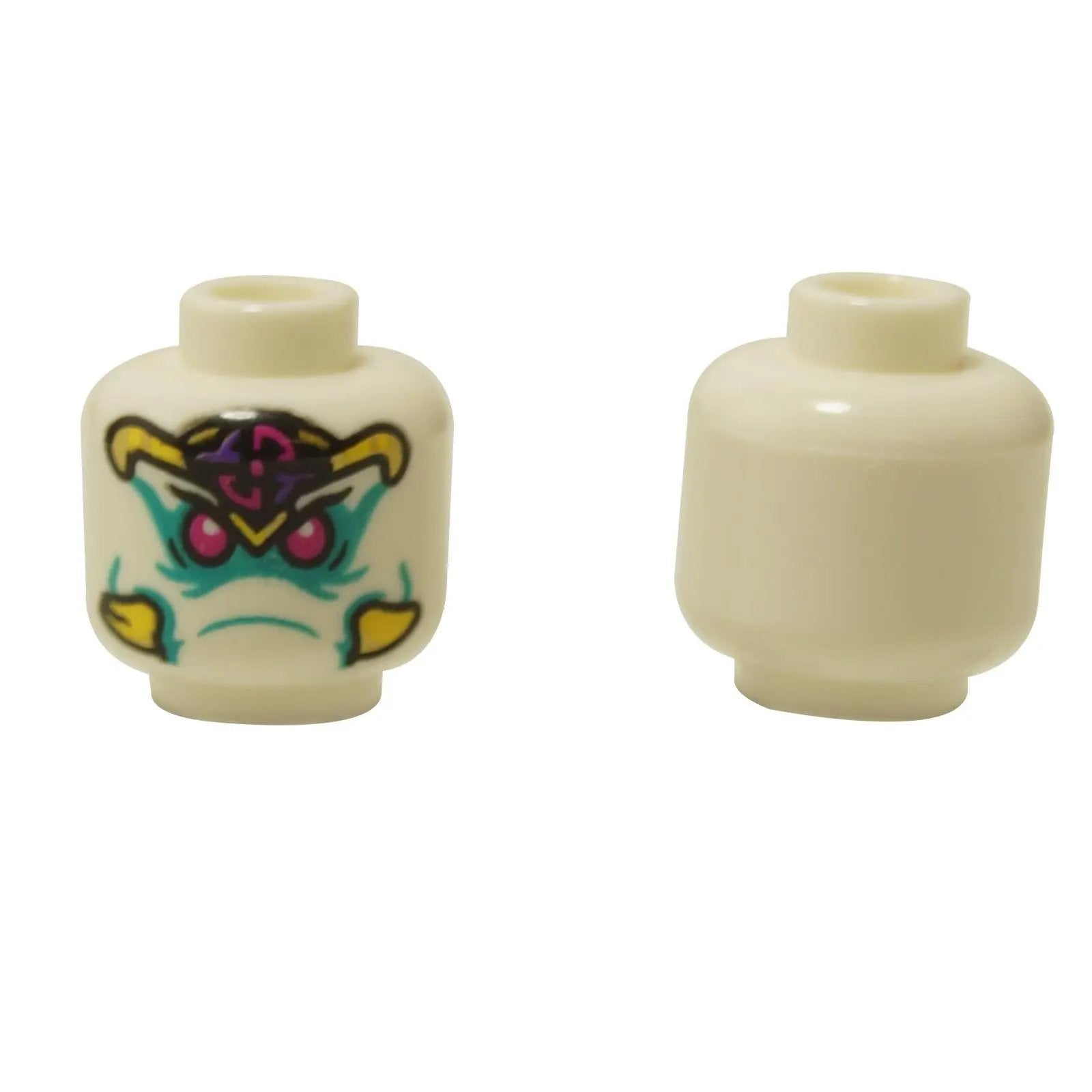 Minifigure, Head Alien Magenta Eyes, Gold, Yellow, Magenta, and Dark Purple Headband, Tusks, and Da