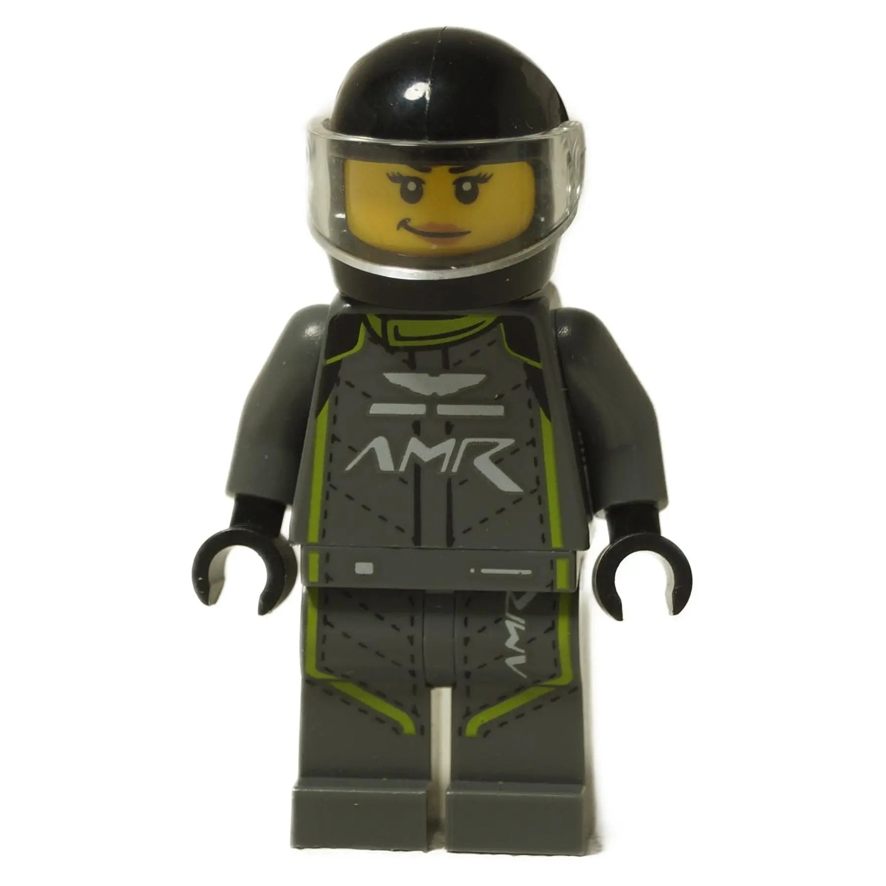 LEGO® Speed Champions Aston Martin Valkyrie AMR Pro Driver minifigure (sc098) in a gray and lime green racing suit and black helmet, front view.