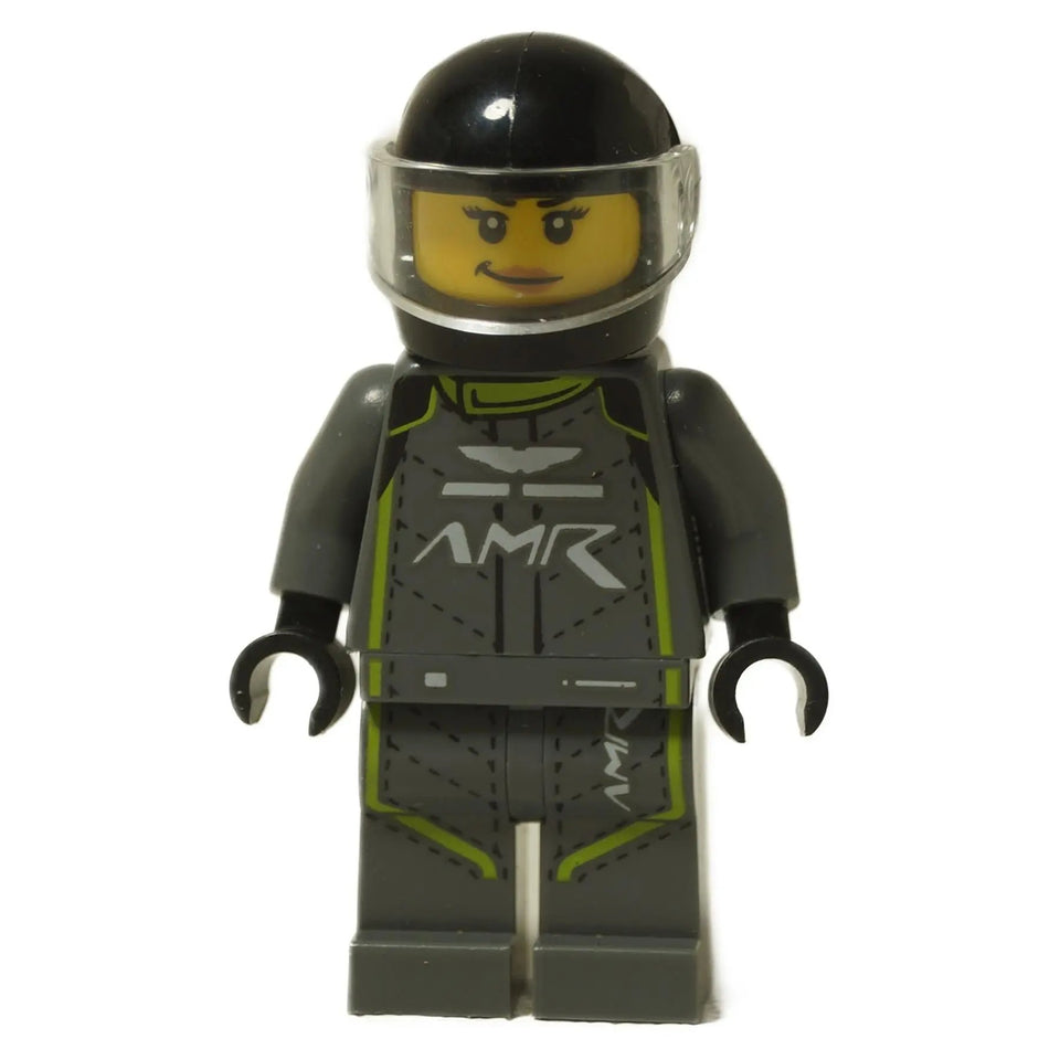 LEGO® Speed Champions Aston Martin Valkyrie AMR Pro Driver minifigure (sc098) in a gray and lime green racing suit and black helmet, front view.