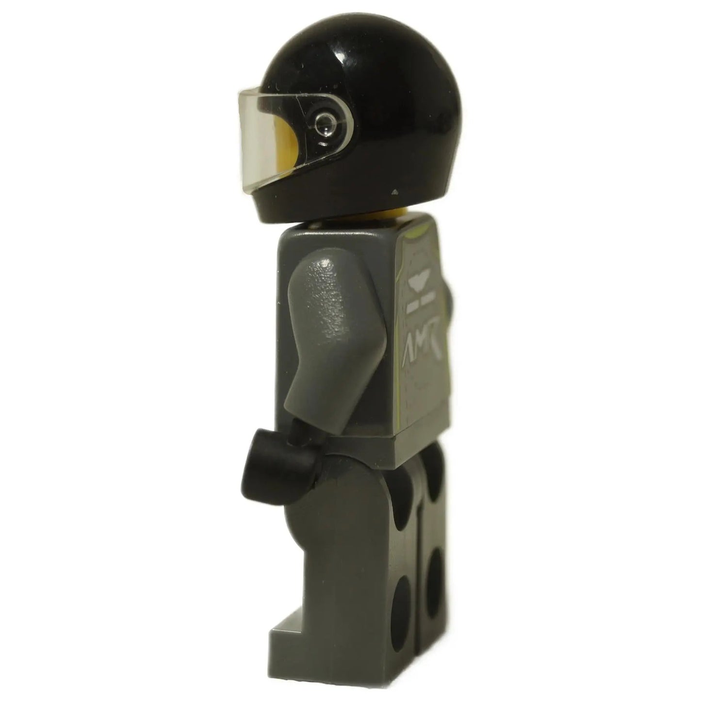 LEGO® Aston Martin Valkyrie AMR Pro Driver minifigure (sc098) side view wearing black helmet and gray suit.